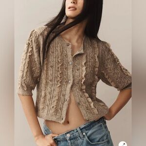 Anthropologie Maeve Embellished Ruffled  Short-Sleeve Cardigan Sweater